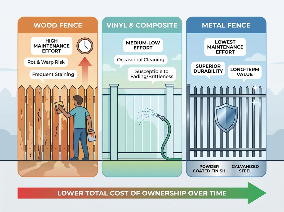 Sturdy metal fence installation protecting a residential property boundary